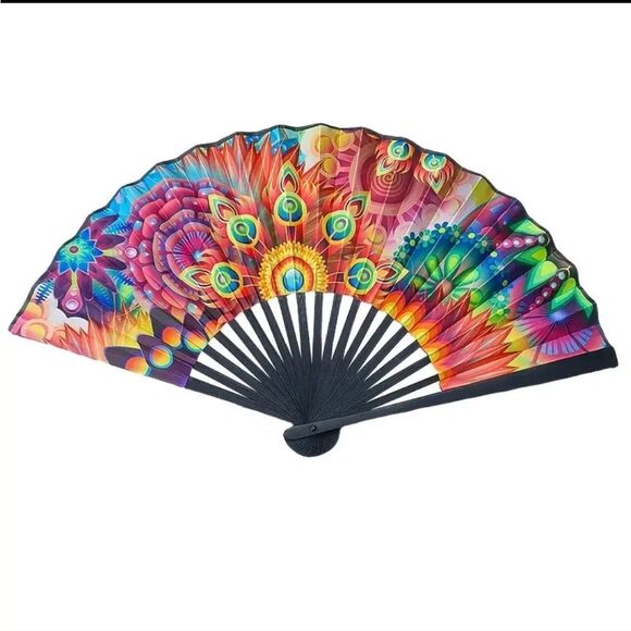 Colorful Hand Fan with Black Handle - Picture 3 of 5